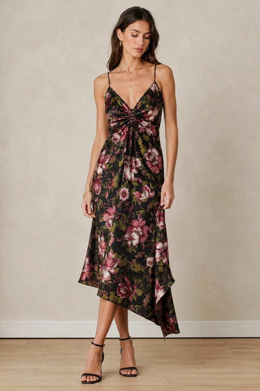 Joie Floral Satin Asymmetrical Midi Slip Dress Ruched Bust Moody Rose Size Large